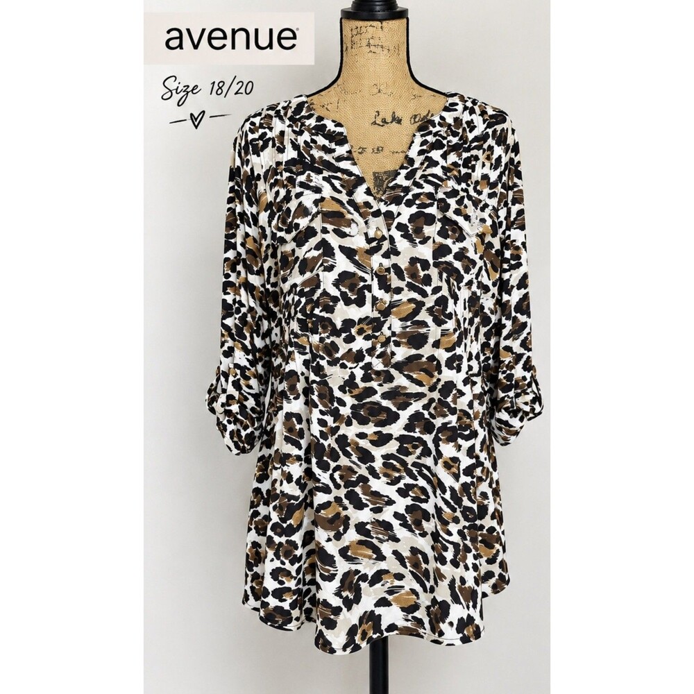 Avenue Plus 22/24 Multicolor Leopard Animal Print V-Neck Button Blouse 3/4